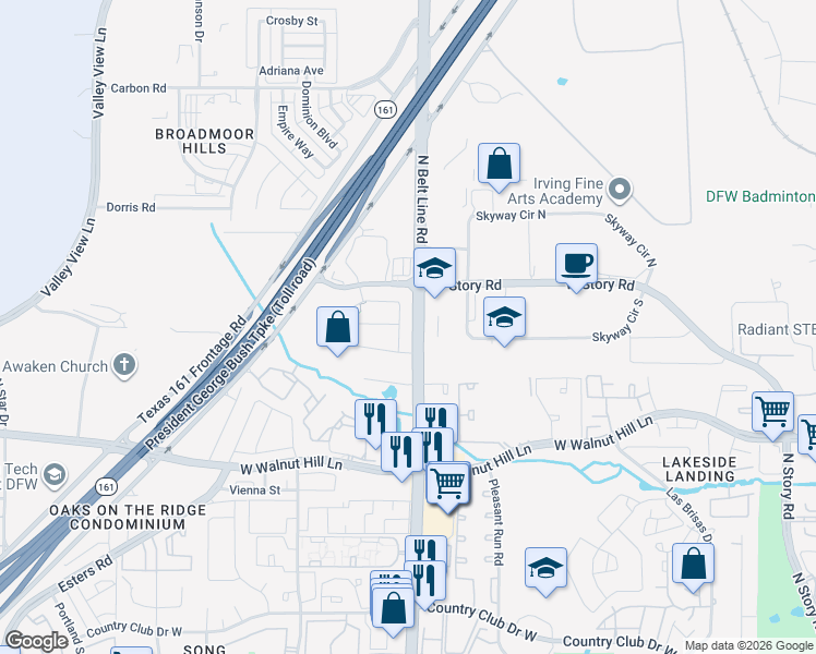 map of restaurants, bars, coffee shops, grocery stores, and more near 4200 North Belt Line Road in Irving