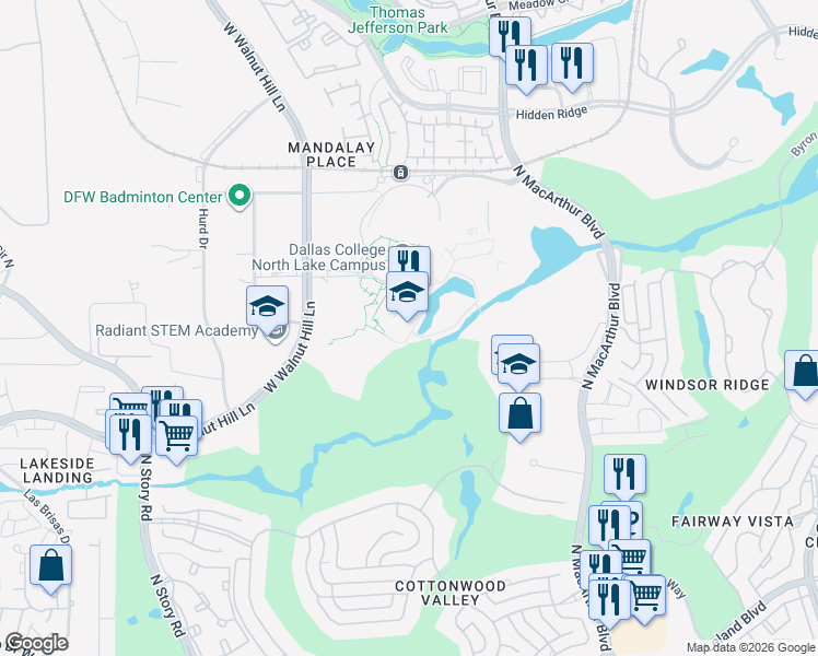 map of restaurants, bars, coffee shops, grocery stores, and more near 5001 North MacArthur Boulevard in Irving