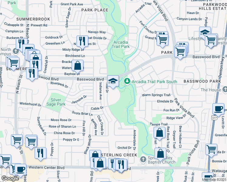map of restaurants, bars, coffee shops, grocery stores, and more near 7000 Teal Drive in Fort Worth