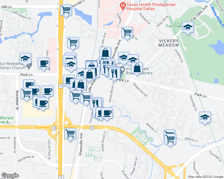 map of restaurants, bars, coffee shops, grocery stores, and more near Melody Ln & Shady Brook Ln in Dallas