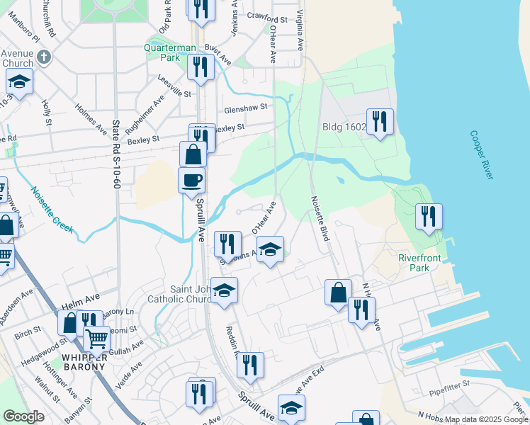 map of restaurants, bars, coffee shops, grocery stores, and more near 1043 Hunley Waters Circle in North Charleston