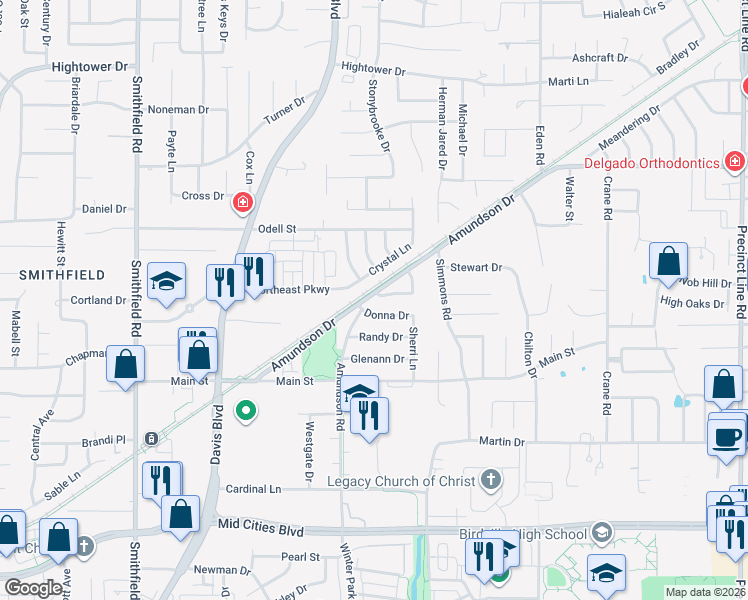 map of restaurants, bars, coffee shops, grocery stores, and more near 8416 Donna Drive in Fort Worth