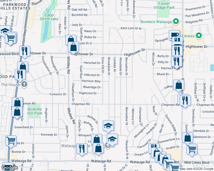 map of restaurants, bars, coffee shops, grocery stores, and more near 6804 Echo Hill Drive in Watauga