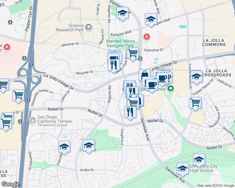 map of restaurants, bars, coffee shops, grocery stores, and more near 8730 Costa Verde Boulevard in San Diego