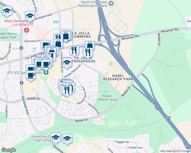 map of restaurants, bars, coffee shops, grocery stores, and more near 7461-7401 Toscana Drive in San Diego
