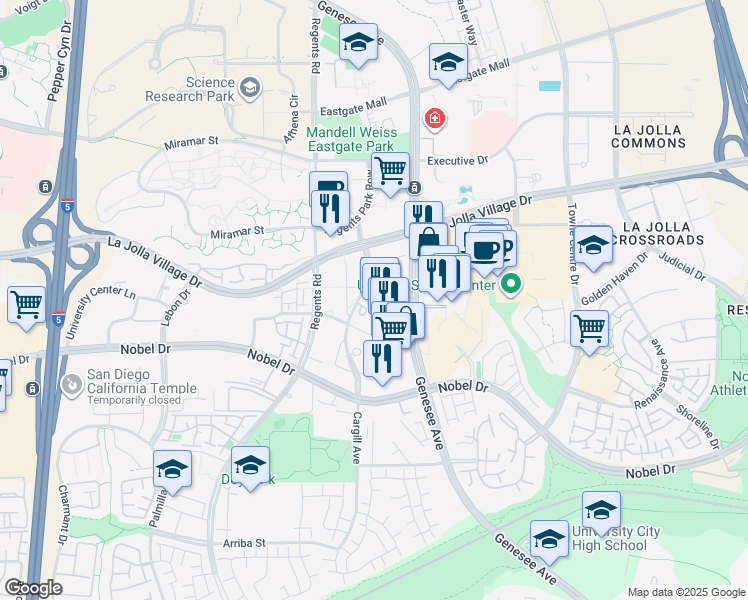 map of restaurants, bars, coffee shops, grocery stores, and more near 8775 Costa Verde Boulevard in San Diego