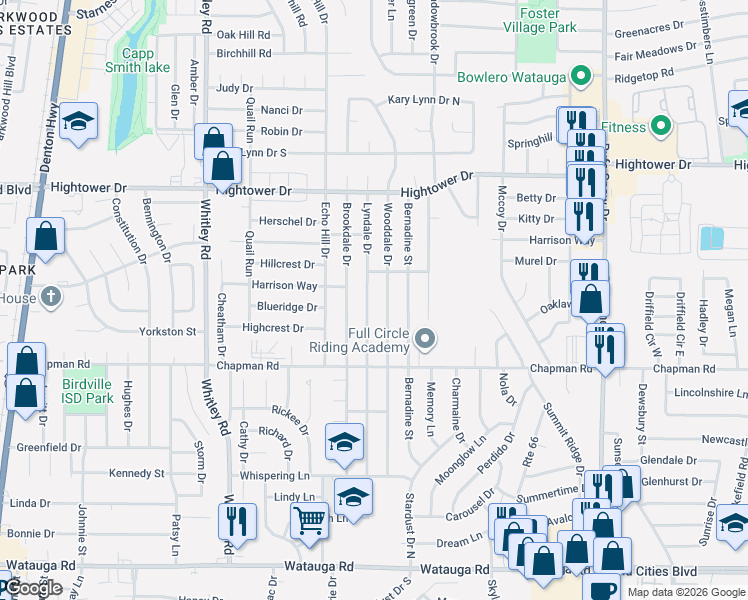map of restaurants, bars, coffee shops, grocery stores, and more near 6820 Lyndale Drive in Watauga