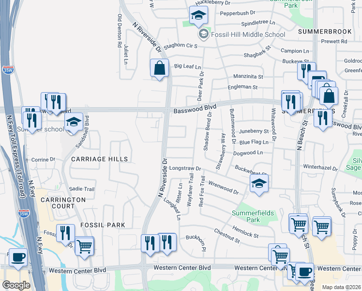 map of restaurants, bars, coffee shops, grocery stores, and more near 3717 Greenstone Drive in Fort Worth