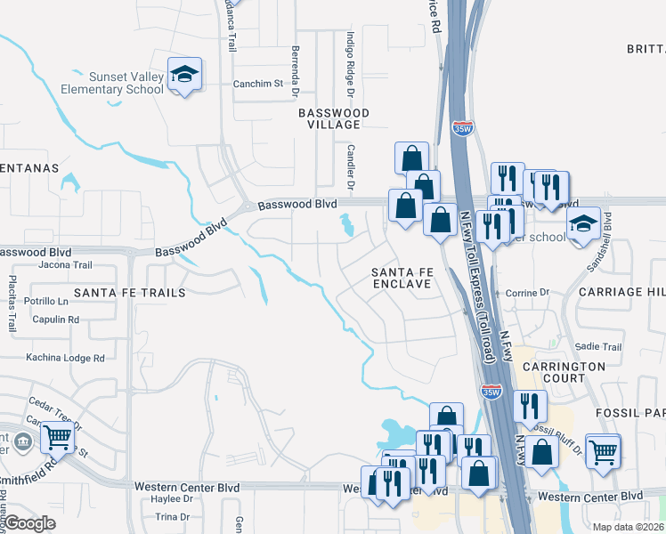 map of restaurants, bars, coffee shops, grocery stores, and more near 7209 San Francisco Trail in Fort Worth