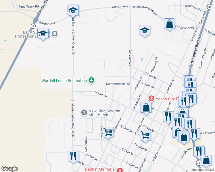 map of restaurants, bars, coffee shops, grocery stores, and more near 1525 Winterset Avenue in Yazoo City