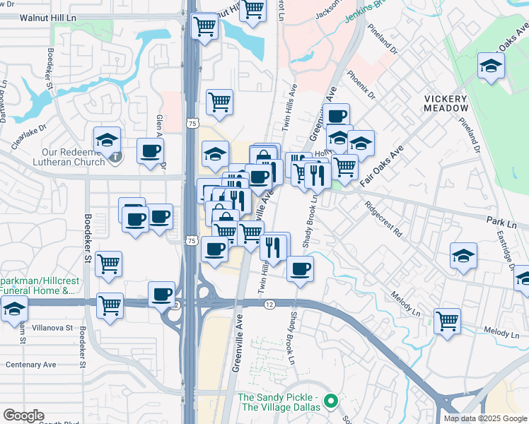 map of restaurants, bars, coffee shops, grocery stores, and more near 6800-6850 Twin Hills Ave in Dallas
