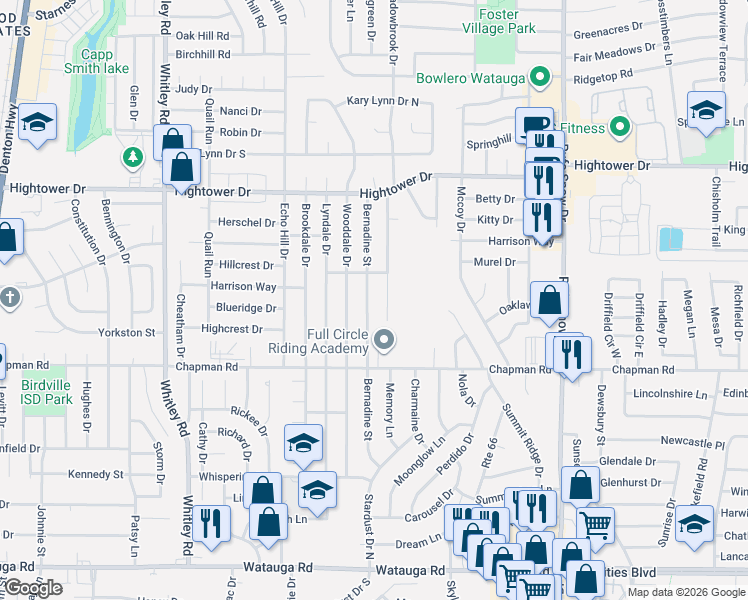 map of restaurants, bars, coffee shops, grocery stores, and more near 6805 Bernadine Street in Watauga