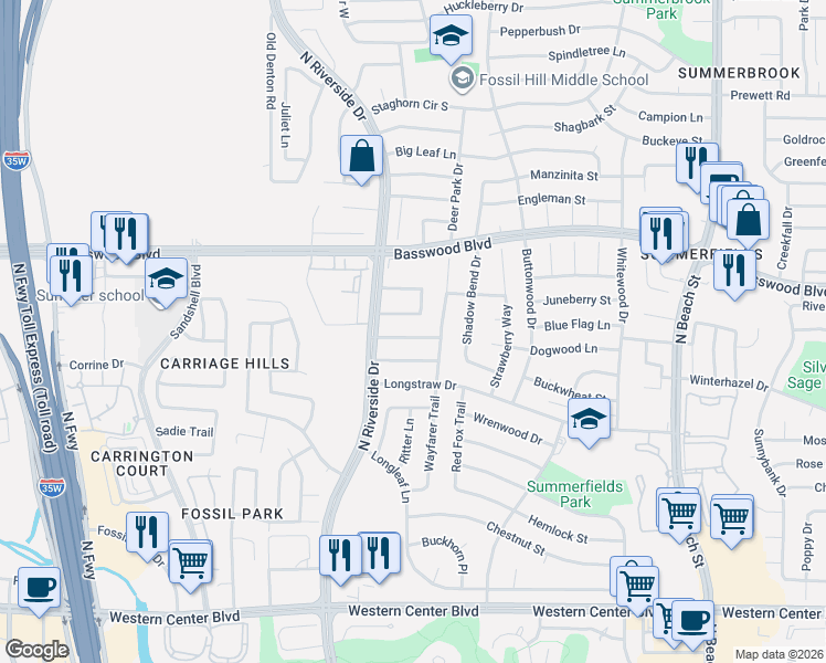 map of restaurants, bars, coffee shops, grocery stores, and more near 3717 Greenstone Drive in Fort Worth