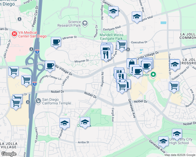 map of restaurants, bars, coffee shops, grocery stores, and more near 4024 Mahaila Avenue in San Diego