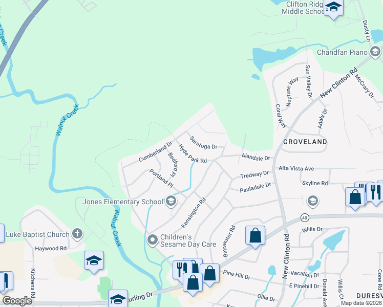 map of restaurants, bars, coffee shops, grocery stores, and more near 2536 Hyde Park Road in Macon