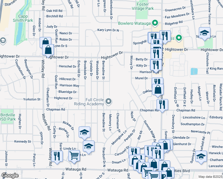map of restaurants, bars, coffee shops, grocery stores, and more near 6808 Quail Meadow Drive in Watauga