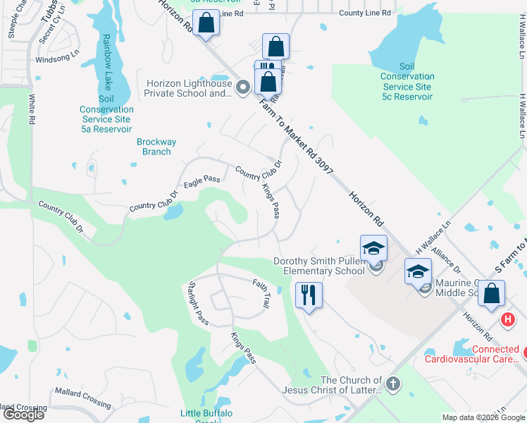map of restaurants, bars, coffee shops, grocery stores, and more near 809 White Buffalo Lane in Heath