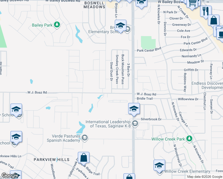 map of restaurants, bars, coffee shops, grocery stores, and more near 8404 Steel Dust Drive in Fort Worth