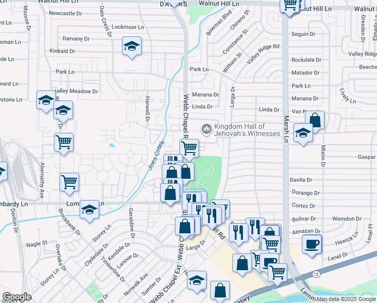 map of restaurants, bars, coffee shops, grocery stores, and more near 3410 Hidalgo Drive in Dallas