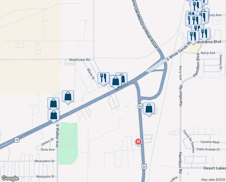 map of restaurants, bars, coffee shops, grocery stores, and more near Highway 70 East in Alamogordo