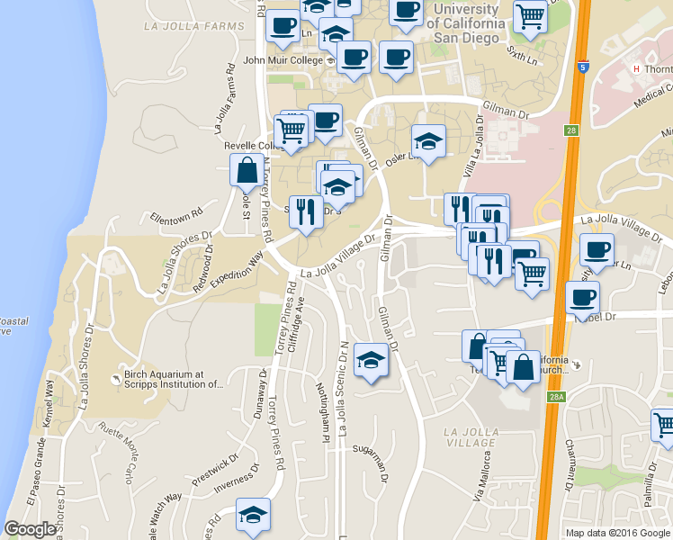 map of restaurants, bars, coffee shops, grocery stores, and more near 8988 Caminito Verano in San Diego