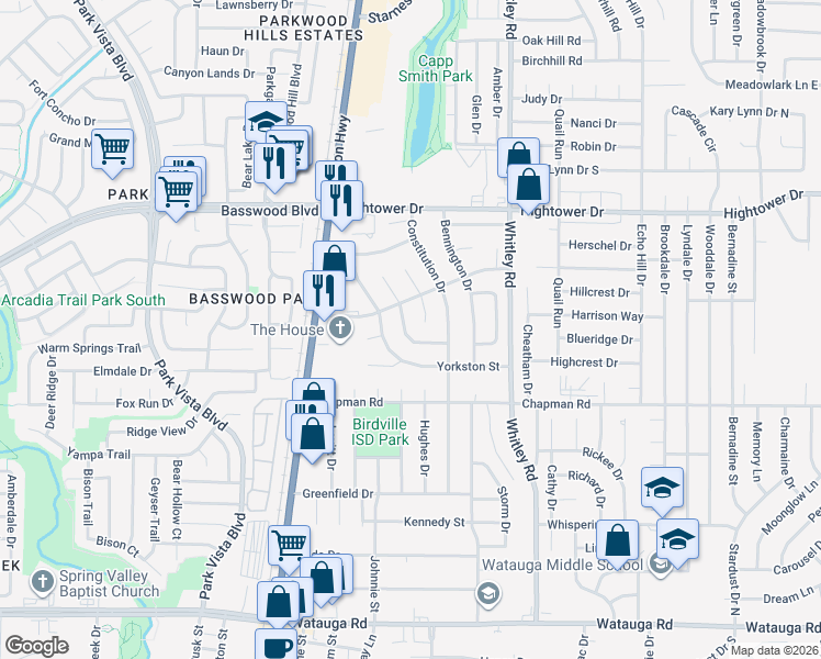 map of restaurants, bars, coffee shops, grocery stores, and more near 6936 Declaration Street in Watauga