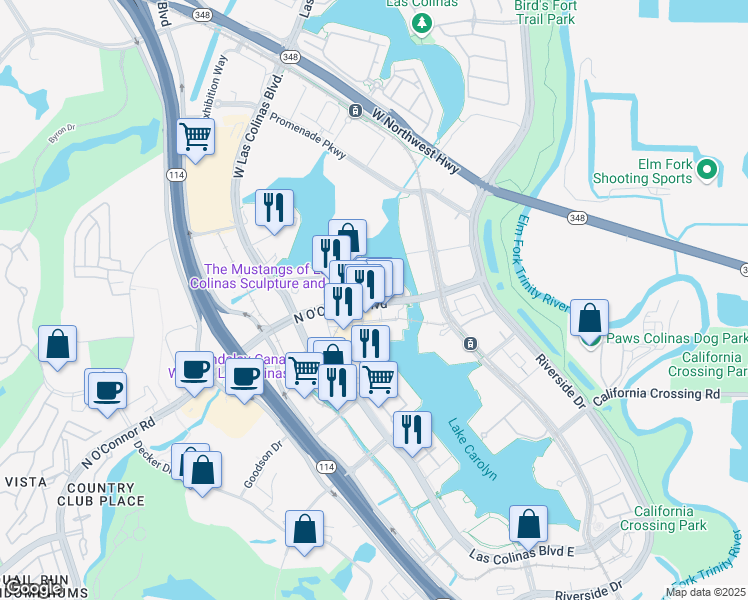 map of restaurants, bars, coffee shops, grocery stores, and more near 5221 North O'Connor Boulevard in Irving