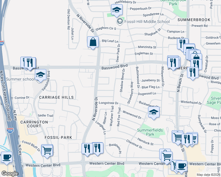 map of restaurants, bars, coffee shops, grocery stores, and more near 7104 Wayfarer Trail in Fort Worth