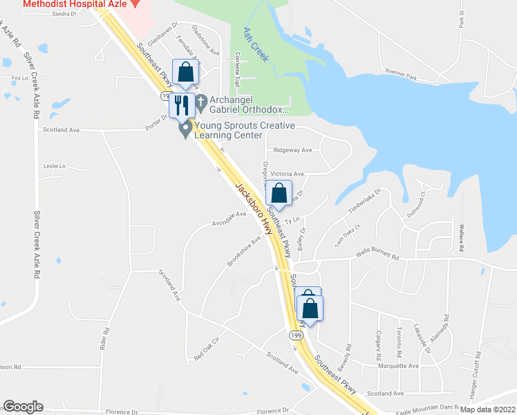 map of restaurants, bars, coffee shops, grocery stores, and more near Hwy 199 & Shoreline Dr in Azle