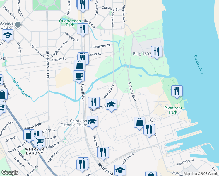 map of restaurants, bars, coffee shops, grocery stores, and more near 1008 Hunley Waters Circle in North Charleston