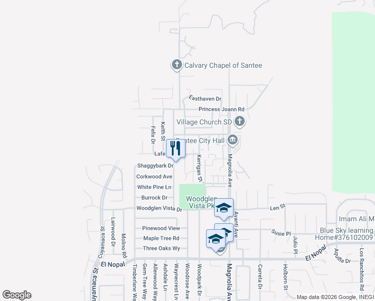 map of restaurants, bars, coffee shops, grocery stores, and more near 10273 Princess Sarit Way in Santee