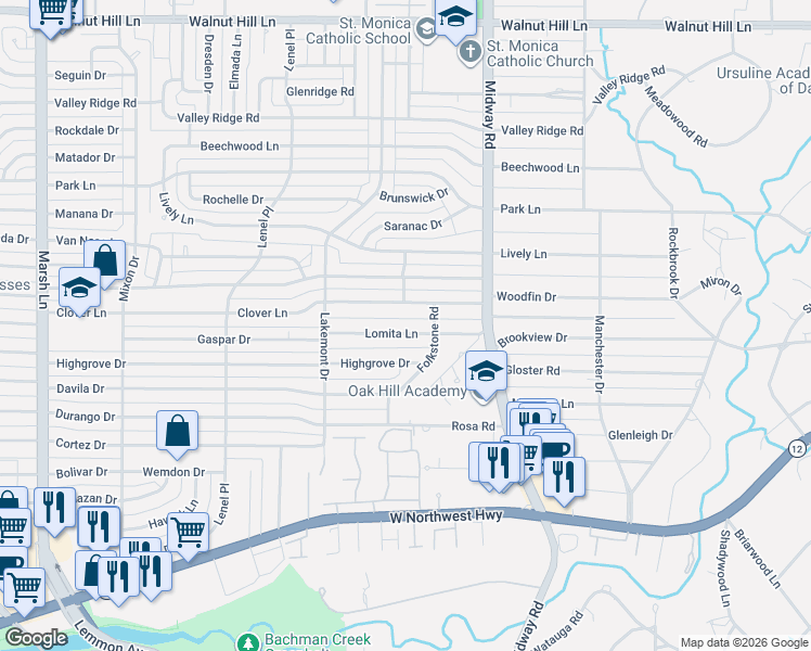 map of restaurants, bars, coffee shops, grocery stores, and more near 4114 Lomita Lane in Dallas