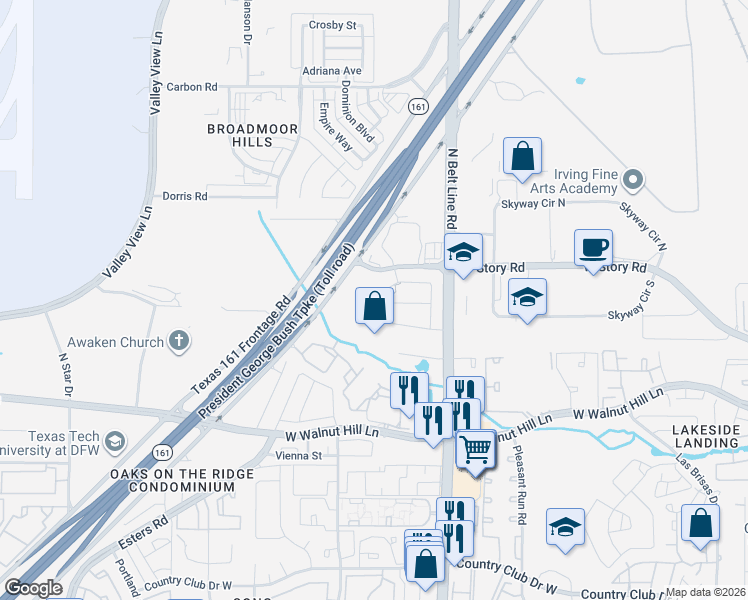 map of restaurants, bars, coffee shops, grocery stores, and more near 3461 Begonia Lane in Irving