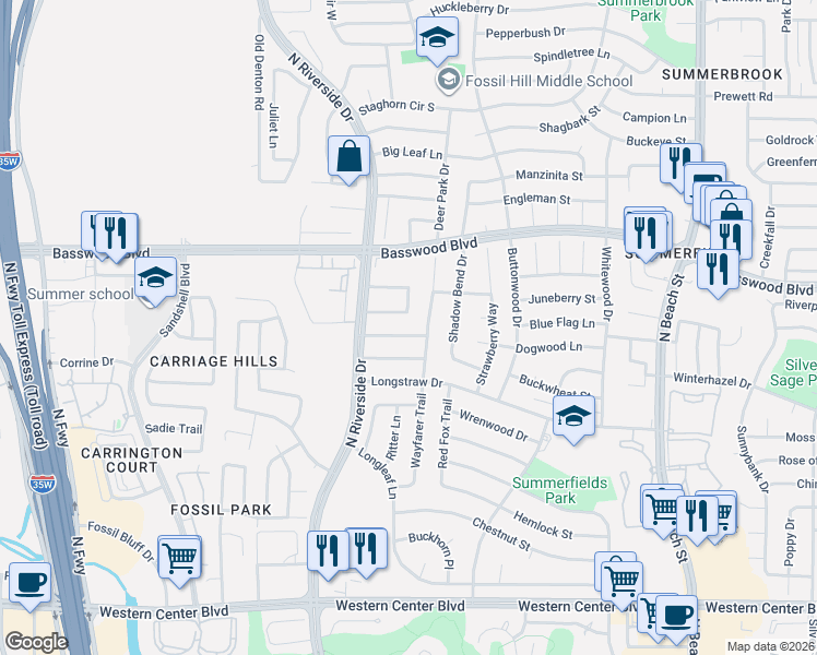 map of restaurants, bars, coffee shops, grocery stores, and more near 7104 Wayfarer Trail in Fort Worth