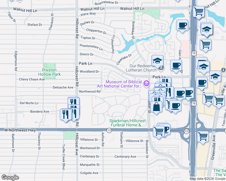 map of restaurants, bars, coffee shops, grocery stores, and more near 7323 Park Lake Drive in Dallas