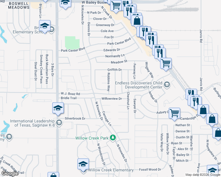 map of restaurants, bars, coffee shops, grocery stores, and more near 900 Robbins Way in Saginaw