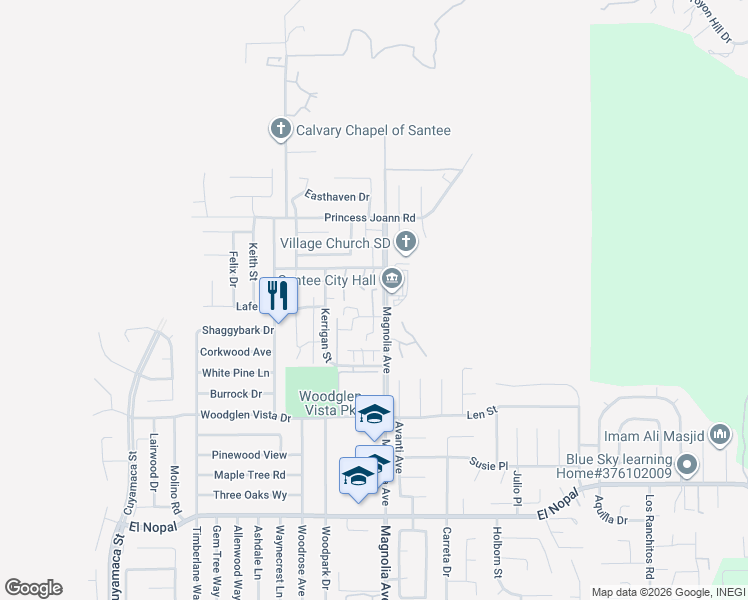 map of restaurants, bars, coffee shops, grocery stores, and more near 10601 Queen Jessica Lane in Santee