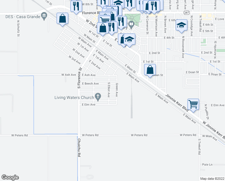 map of restaurants, bars, coffee shops, grocery stores, and more near 308 East Cedar Avenue in Casa Grande