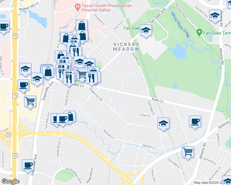 map of restaurants, bars, coffee shops, grocery stores, and more near 8550 Park Lane in Dallas