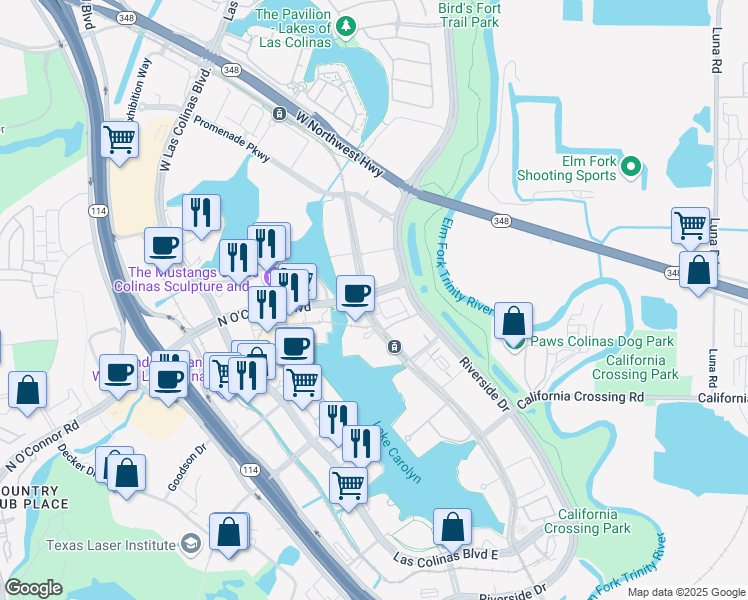 map of restaurants, bars, coffee shops, grocery stores, and more near 1001 Lake Carolyn Parkway in Irving