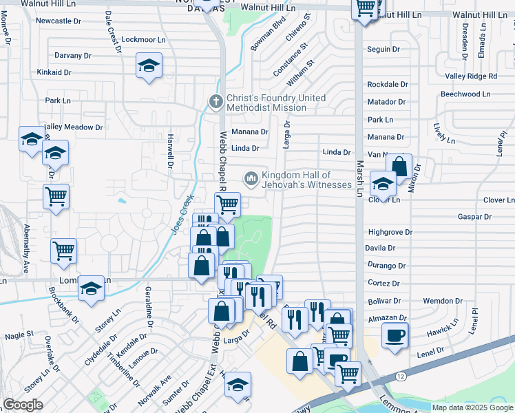 map of restaurants, bars, coffee shops, grocery stores, and more near 3434 Hidalgo Drive in Dallas