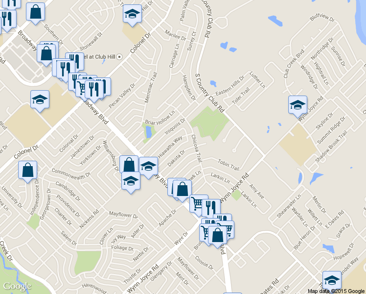 map of restaurants, bars, coffee shops, grocery stores, and more near 1609 Hiawatha Way in Garland