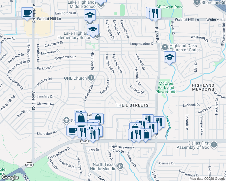 map of restaurants, bars, coffee shops, grocery stores, and more near 9021 Larchwood Drive in Dallas