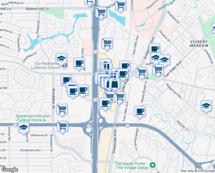 map of restaurants, bars, coffee shops, grocery stores, and more near 8080 Park Lane in Dallas