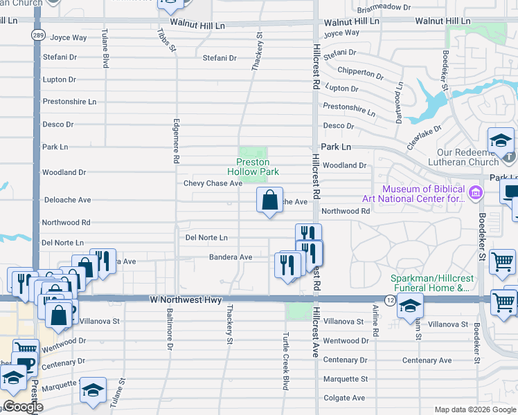 map of restaurants, bars, coffee shops, grocery stores, and more near 6623 Deloache Avenue in Dallas