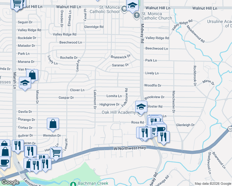 map of restaurants, bars, coffee shops, grocery stores, and more near 4105 Clover Lane in Dallas