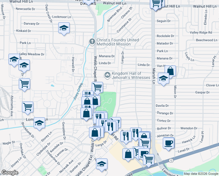 map of restaurants, bars, coffee shops, grocery stores, and more near 3434 Hidalgo Drive in Dallas