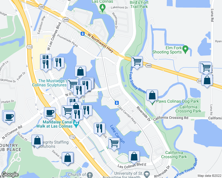 map of restaurants, bars, coffee shops, grocery stores, and more near 1001 Lake Carolyn Parkway in Irving