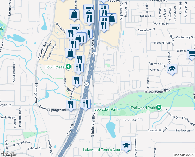 map of restaurants, bars, coffee shops, grocery stores, and more near 2400 Texas 121 in Euless