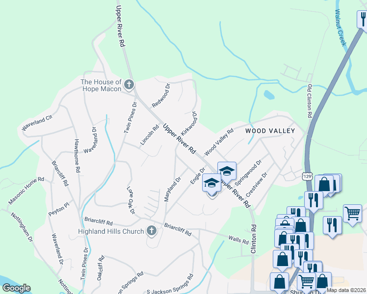 map of restaurants, bars, coffee shops, grocery stores, and more near 1803 Kirkwood Drive in Macon